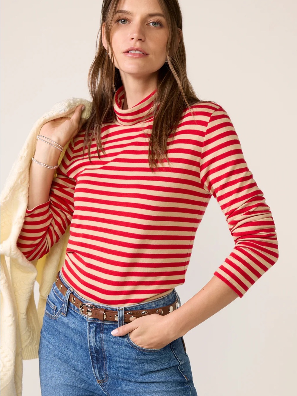 Faherty Feather Cloud Red and Cream Striped Layering Turtleneck
